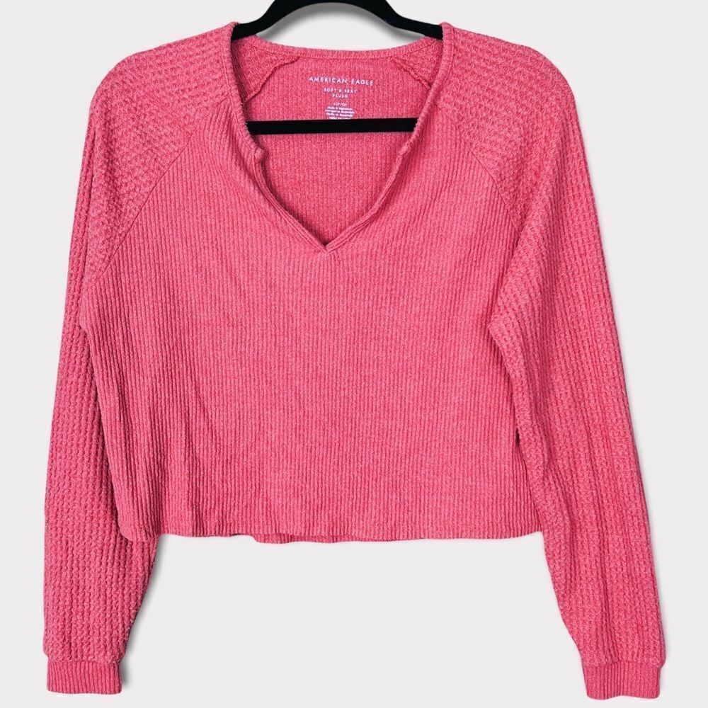 American Eagle Soft & Sexy Plush Crop Oversized Waffle Knit Sweater Small S Boxy